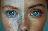 Close-up comparison of female faces showing bright blue eyes, one with natural freckles and one with clear complexion, demonstrating skin diversity and beauty.