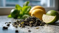 Fresh loose leaf tea with citrus fruits and mint on rustic countertop, perfect for brewing aromatic herbal infusions.