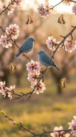 Two blue birds perched on blooming cherry blossom branches with golden butterflies in warm spring sunlight for nature and seasonal designs.