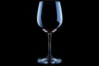 Empty wine glass on black background with dramatic rim lighting and soft blue highlights, elegant stemware isolated for luxury beverage and restaurant marketing.