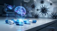 Medical research concept with brain hologram, virus particles and pharmaceutical capsules on laboratory table for healthcare innovation studies.