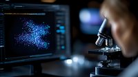 Scientist analyzing digital data visualization with microscope in dark laboratory, blue particle scatter plot on computer screen for medical research.