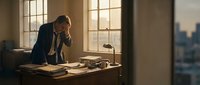 Stressed businessman holding head in hands at office desk during golden hour light through windows showing work pressure and mental fatigue.