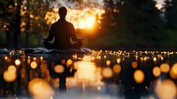 Silhouette of person meditating at sunset surrounded by glowing candles creating magical atmosphere with golden bokeh lights reflecting on water surface.