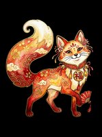 Watercolor fox with Asian floral patterns, gold accents, lucky charm, and fan, isolated on transparent background. For stickers, t-shirt design, print on demand.
