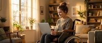 Woman with mobility disability in wheelchair using laptop in bright home office with plants and natural light, working remotely.