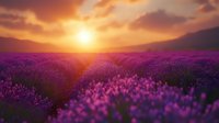 Vibrant purple lavender field at golden sunset with dramatic orange sky and sun rays breaking through clouds over mountain silhouettes, romantic summer landscape.