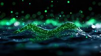 Glowing green wave formation with sparkles and bokeh effects on dark background, abstract dynamic motion design for modern digital art and backgrounds.