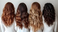 Long wavy hair in different natural shades from blonde to dark brown shown from behind on white background, demonstrating various hair coloring and styling techniques.