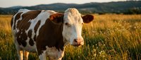 Brown and white dairy cow grazing in golden pasture field during sunset with mountain landscape background for agricultural and farming concepts.