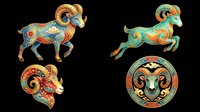 Ornate zodiac ram and goat symbols with decorative swirls, gold accents, and colorful patterns isolated on transparent background. Ready for t-shirt design, clipart, stickers, sublimation, and print-on-demand projects.