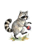 Playful raccoon holding a red ball, standing on hind legs among autumn leaves. Isolated watercolor illustration on white background, ready for children's designs.