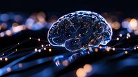 Glowing digital brain with neural network connections floating over dark background with light effects and bokeh, representing artificial intelligence technology.