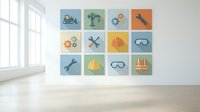 Construction and safety equipment icons displayed on colorful square tiles mounted on modern office wall for industrial workplace decoration.