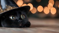 Black cat with bright yellow eyes peeking from bottom of frame against blurred warm bokeh lights background, creating mysterious and playful mood for Halloween designs.