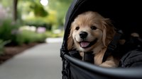 Golden retriever puppy sitting in black pet stroller outdoors with tongue out, ready for walk in park or neighborhood street adventure.