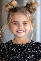 Young girl with blonde hair in space buns wearing polka dot dress smiles brightly at camera, showing natural joy and innocence against soft background.