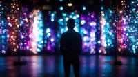 Silhouette of person standing in front of vibrant light installation with glowing blue and pink bokeh effects creating magical atmosphere. For events and technology concepts.