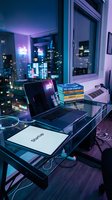 Startup workspace at night with laptop, business books, and city skyline view, glowing neon lights creating a modern tech entrepreneur atmosphere.