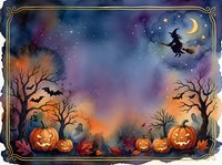 Watercolor Halloween night scene with glowing jack-o-lanterns, flying witch, bats, crescent moon, and spooky trees framing a copy space background.