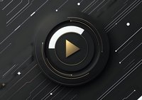 Modern play button icon with gold and white elements on dark abstract technological background with diagonal lines and glowing particles. For media player design.