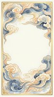 Ornate cloud border frame with swirling motifs in blue and gold watercolor style, empty center space for text or design elements on cream background.