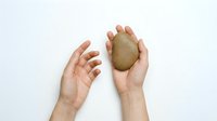 Hands holding smooth brown stone on white background isolated for wellness meditation spa therapy design concepts.