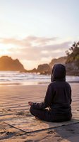 Person in hoodie meditating in lotus pose on sandy beach at golden sunset, ocean waves and rocky cliffs in background, mindfulness concept.