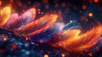 Magical glowing feathers in orange and purple colors with bokeh light effects on dark background, fantasy art style composition for creative projects.
