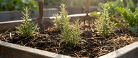 Fresh rosemary herbs growing in wooden raised garden bed with rich dark soil. Organic gardening and sustainable farming concept for cooking ingredients.
