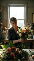 Middle-aged woman florist arranging fresh cut flowers by bright window in studio workspace, holding mixed bouquet of dahlias, roses, and greenery for floral design business.
