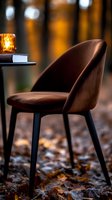 Modern brown velvet dining chair with black legs on autumn leaves background, warm candlelight atmosphere creates cozy mood for interior design and decoration.