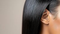 Close up view of straight black glossy hair and ear against neutral beige background, showing healthy smooth texture and shine for beauty and haircare advertising.