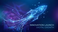 Digital rocket launch with glowing network connections and data streams on blue purple gradient background for business growth and innovation concepts.
