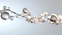 Macro photography of water drops floating in air creating abstract pattern with light reflections and bokeh effect on light gray background.