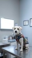 White terrier mix dog wearing plaid harness sitting on kitchen counter in modern home interior with bright window light and minimalist decor.