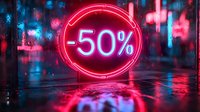 Glowing neon 50 percent discount sign in circle shape reflected on wet surface with blurred city lights background in pink and blue colors. Modern night urban scene.