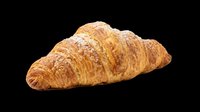 Freshly baked croissant with golden, flaky layers and powdered sugar dusting, isolated on transparent background. Ready for bakery designs, food packaging, menus, t-shirts, and print-on-demand products.