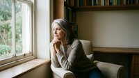 Senior woman with gray hair sitting by window in cozy reading nook, contemplative expression, relaxed home interior setting for lifestyle and wellness content.
