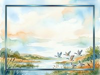 Watercolor landscape with flying birds over serene lake, mountains and reeds. Peaceful nature scene with soft pastel colors for relaxation themes.