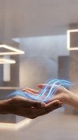 Hands holding glowing blue energy waves in modern interior space representing digital transformation and futuristic technology concepts.