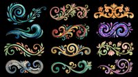 Ornamental flourish swirls and decorative scrolls in various colors isolated on transparent background. Ready for t-shirt design, clipart, stickers, sublimation, and print-on-demand projects.