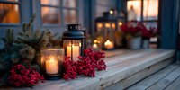 Cozy winter porch with glowing lanterns, candles, red berries, and evergreen branches creating festive holiday atmosphere on wooden steps.