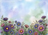 Watercolor wildflower meadow border with purple and pink daisies on soft pastel background for spring greeting cards and botanical designs.