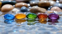 Colorful glass beads in rainbow sequence on reflective wet surface with water drops. Macro photography captures vibrant translucent spheres in blue, yellow, green, orange and purple.