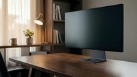 Modern flat screen television on wooden desk in contemporary home office workspace with natural lighting and minimalist decor for entertainment setup.