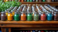 Colorful glass jars filled with various dried legumes, grains, and spices arranged in rows on wooden shelves, creating vibrant pantry organization display.