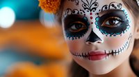Young woman with traditional Day of the Dead sugar skull face paint featuring intricate black and blue designs, orange marigold flowers in hair for Halloween celebration.