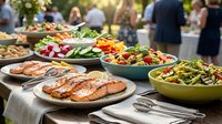 Outdoor buffet table with grilled salmon, fresh salads and vegetables at summer garden party with people socializing in blurred background.