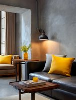 Modern living room interior with gray leather sofa, bright yellow accent pillows, industrial wall lamp, and wooden coffee table featuring minimalist decor and natural light.